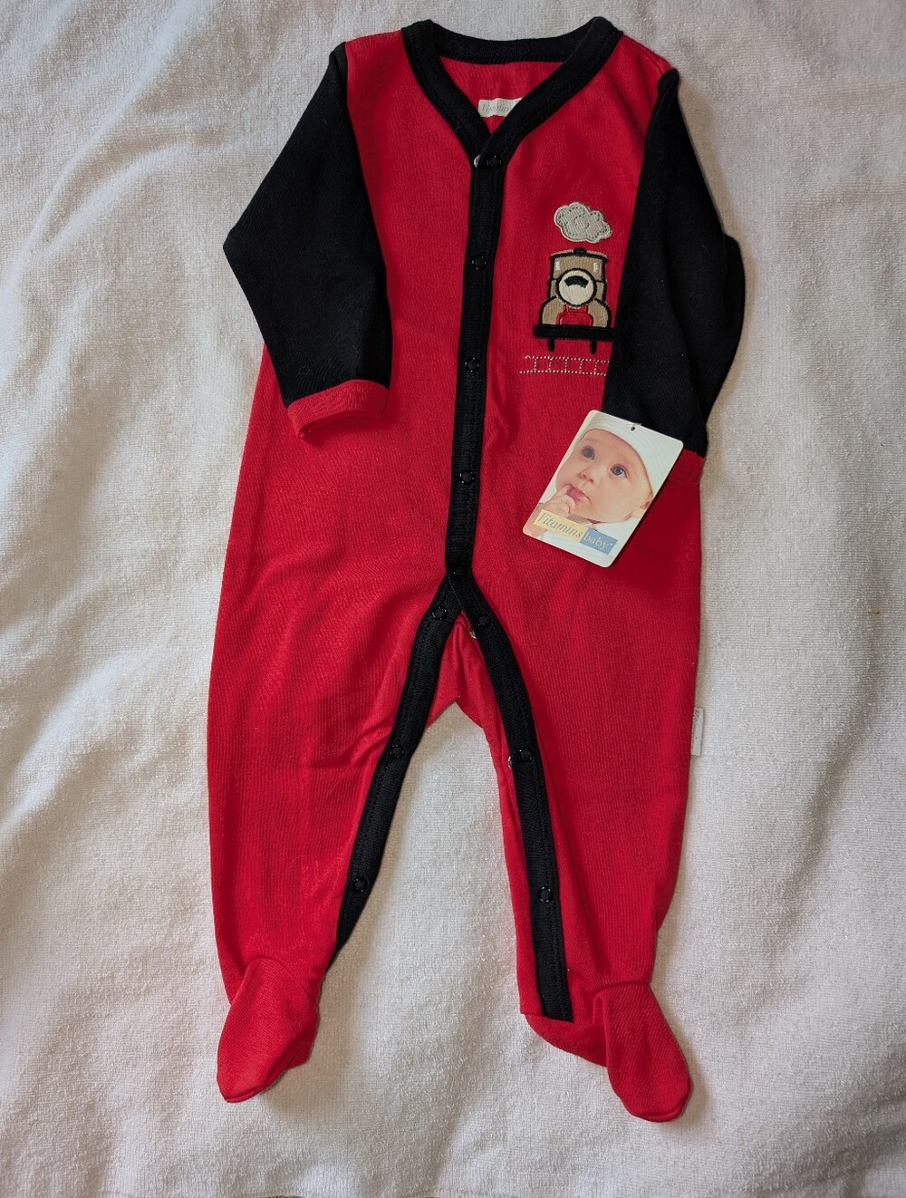 VITAMINS BABY Infant Boy's Long Sleeve  Sleeper w/Train Applique - Size 3 Mos.